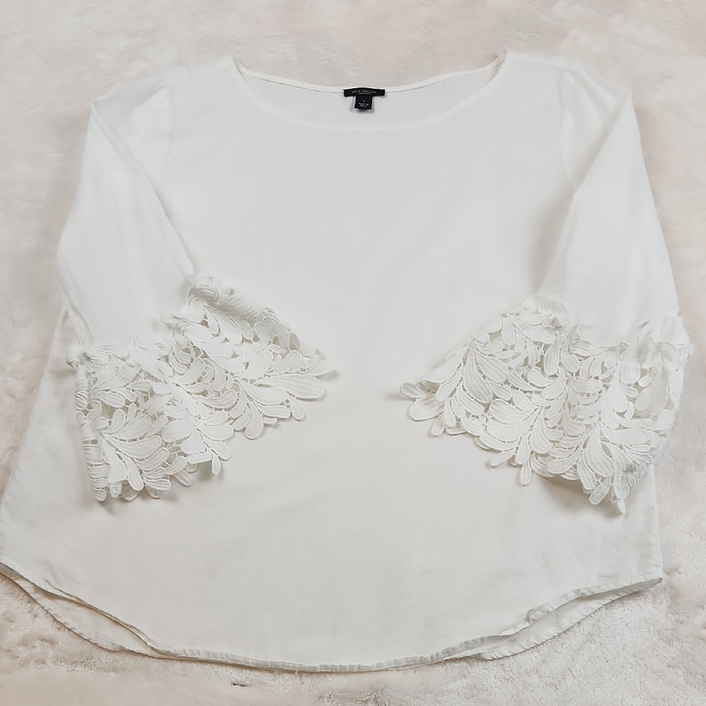 Ann Taylor 100% Cotton White Lace 3/4 Sleeve Women's Blouse Size S